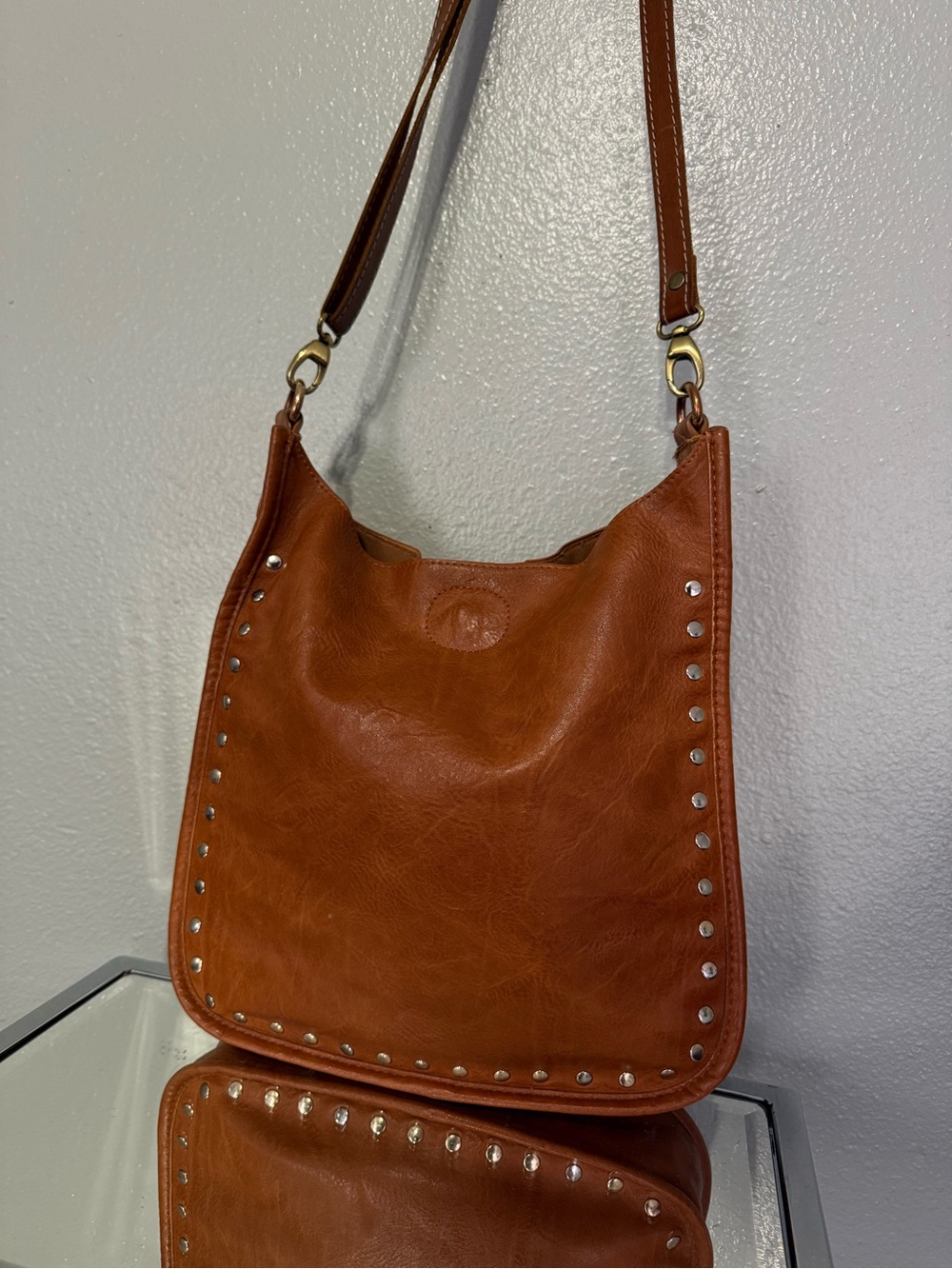 Ah!dorned Tan Studded Hobo Crossbody Bag